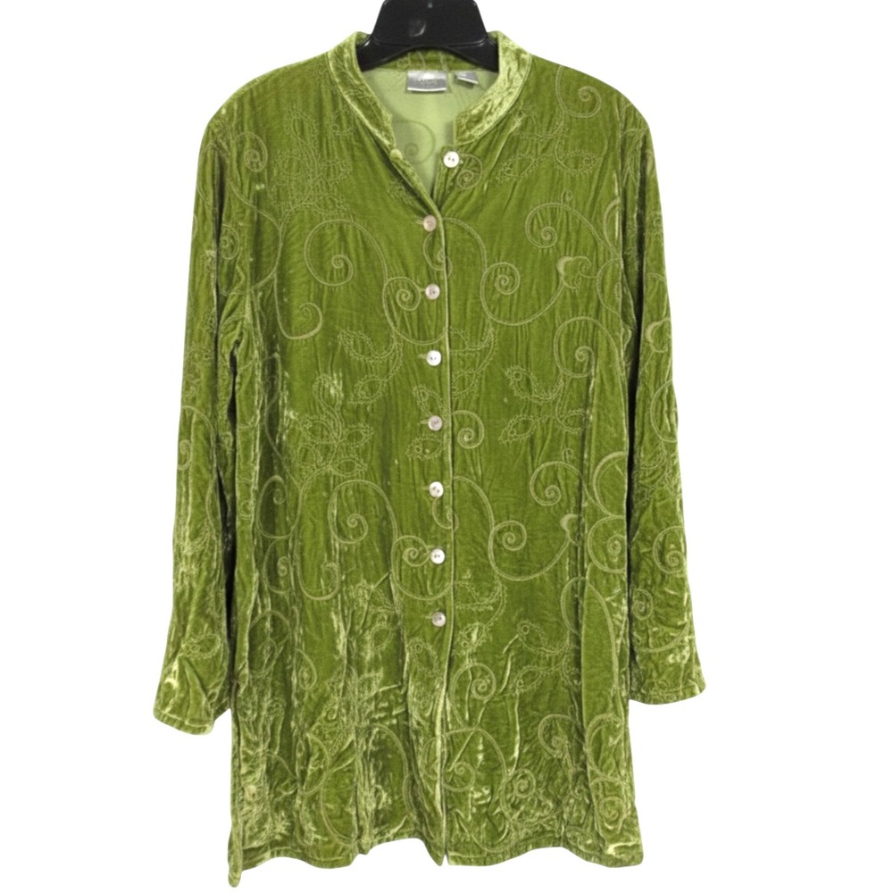CHICO'S Green VELVET SILK BLEND Button-Up SWIRLS/FLORAL Tunic Top/Blouse 2/US-L
